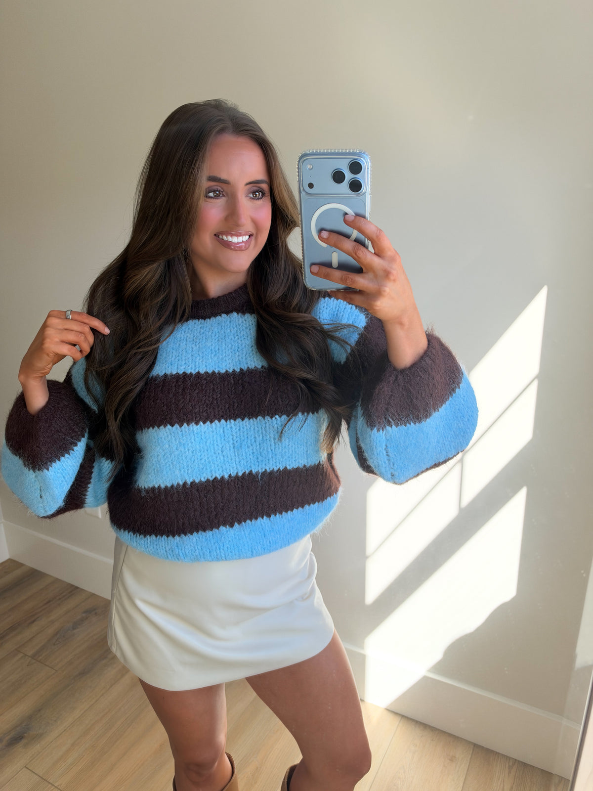 Puff Sleeve Wide Stripe Sweater - Brown/Blue