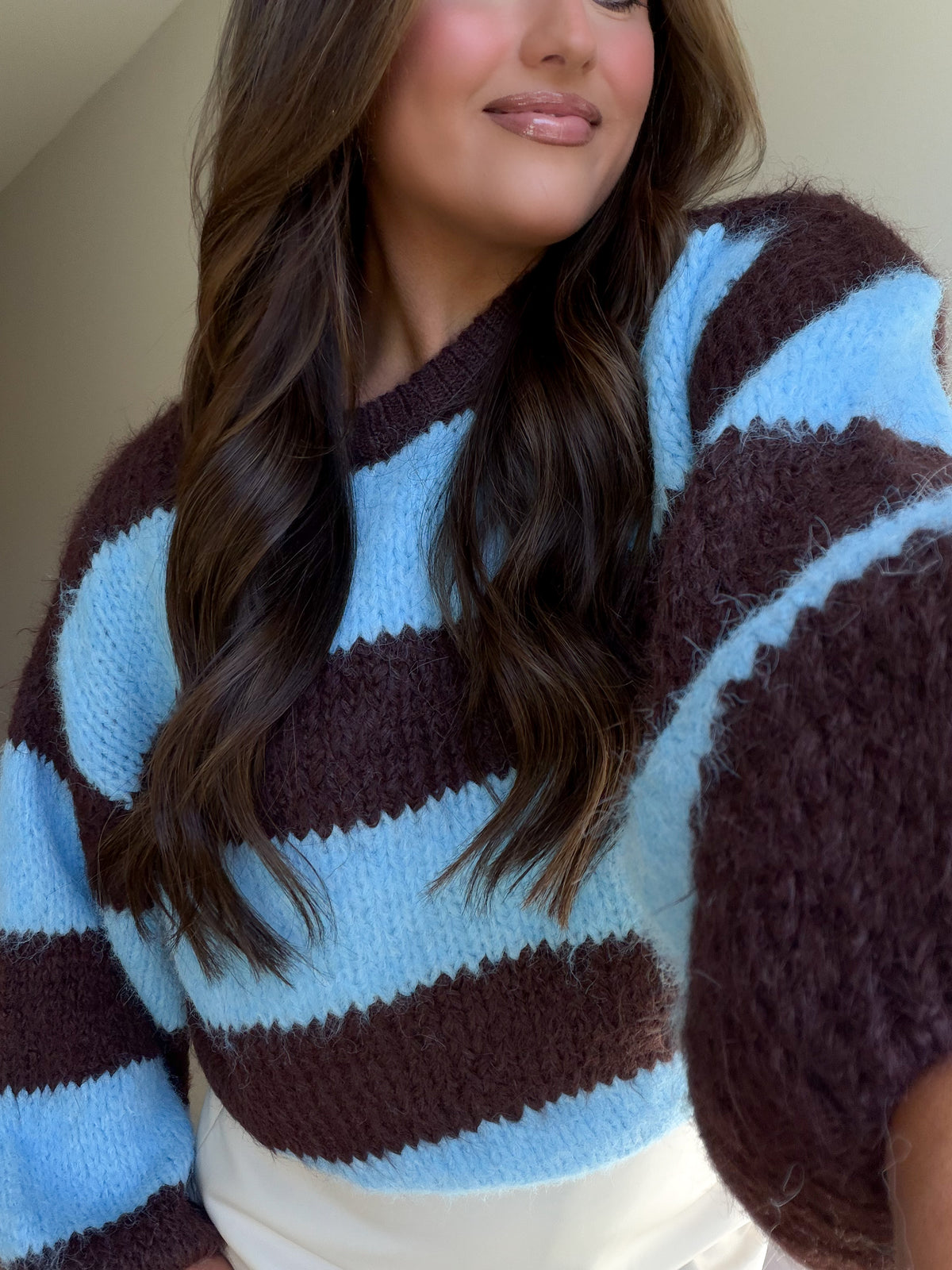 Puff Sleeve Wide Stripe Sweater - Brown/Blue