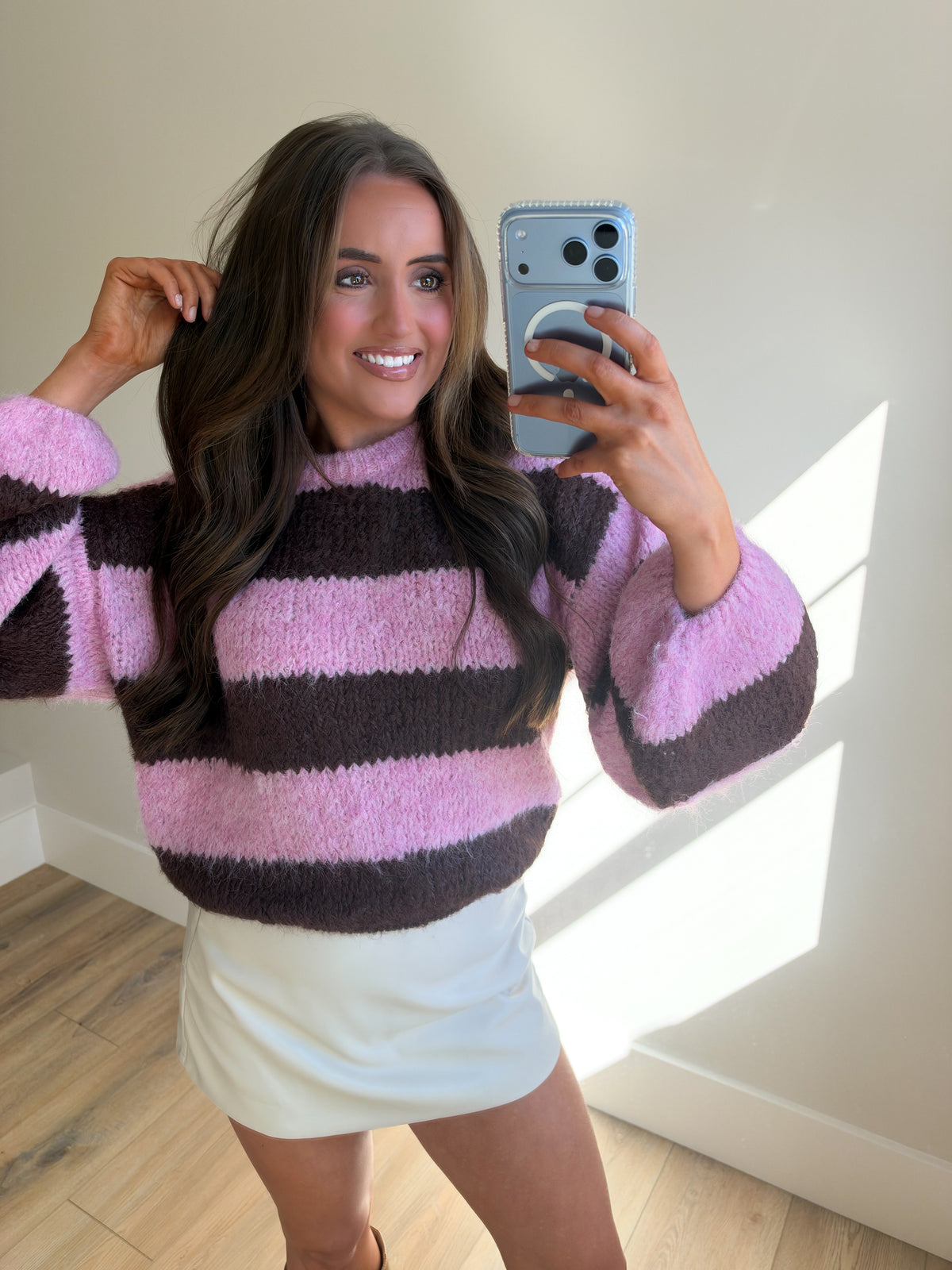 Puff Sleeve Wide Stripe Sweater - Pink/Brown