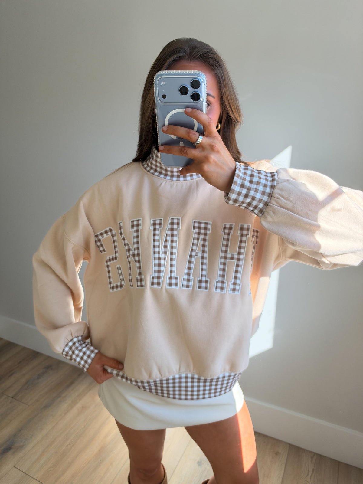 Vintage 'Thanks' Gingham Patch Mockneck Pullover