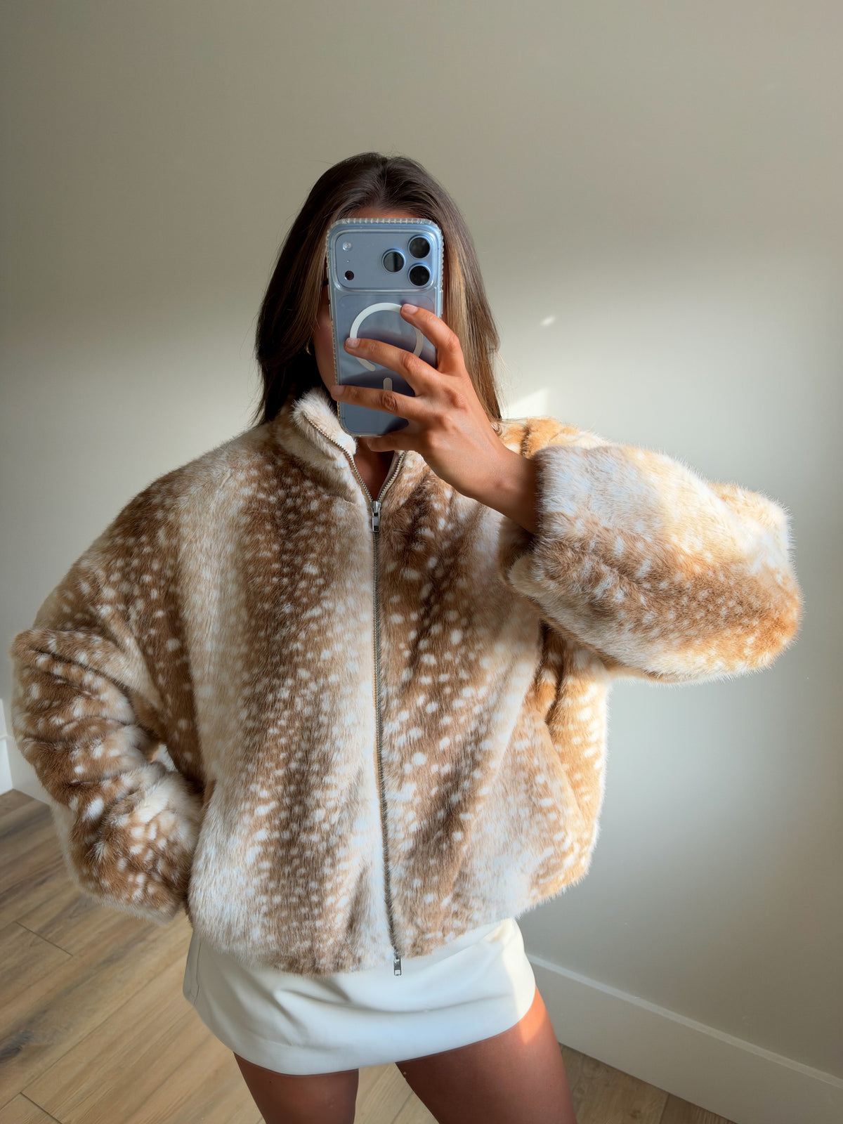 Faux Fur Deer Print Zip Jacket