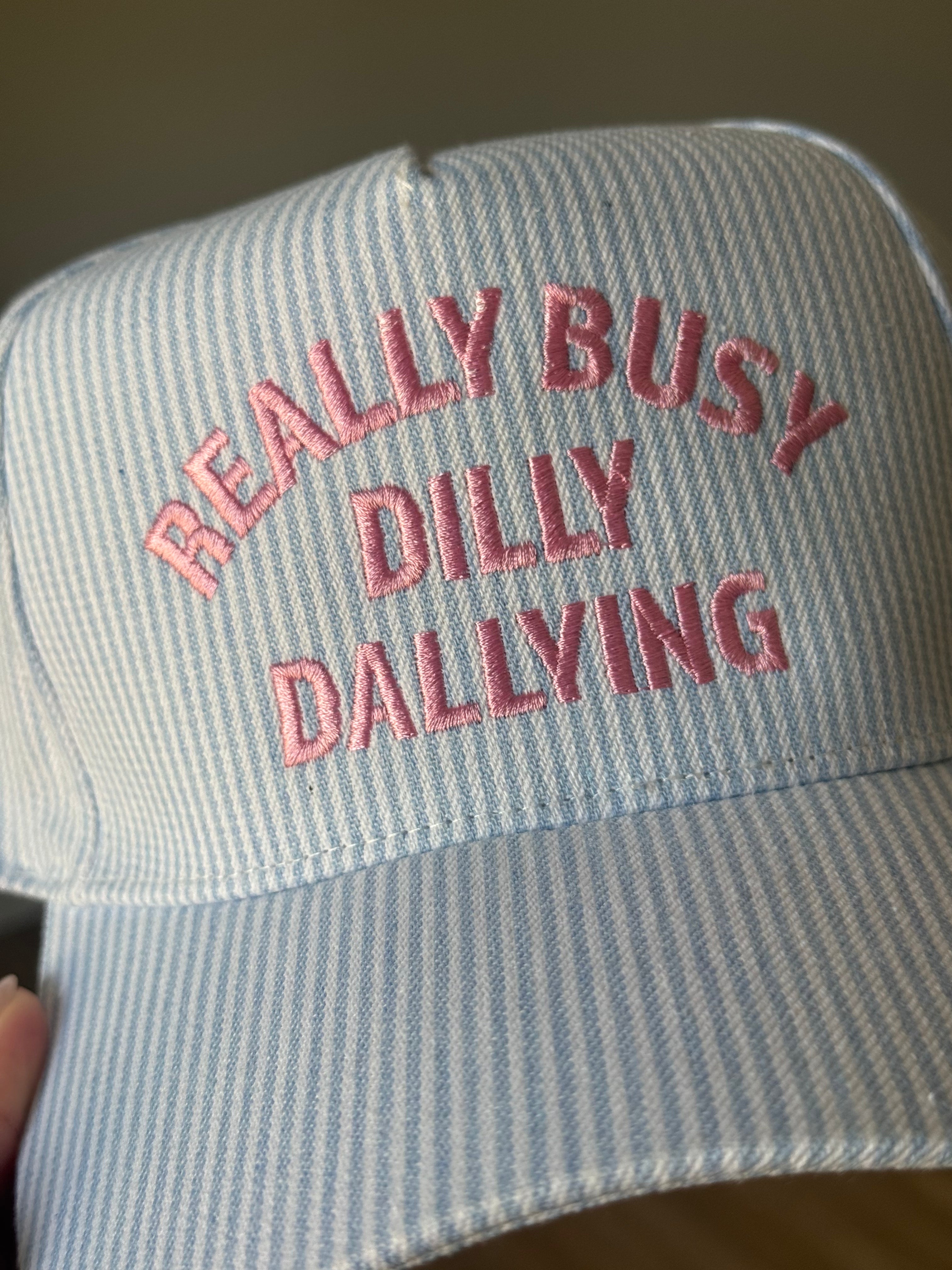 'Really Busy Dilly Dallying' Embroidered Seersucker Stripe Hat - Blue