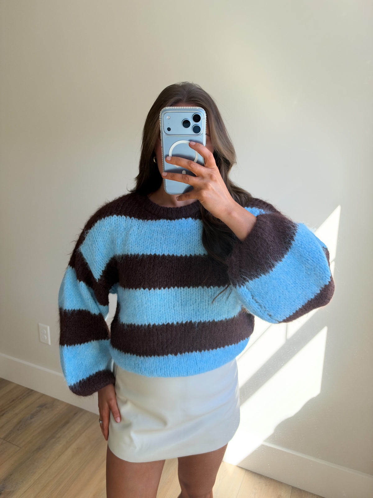 Puff Sleeve Wide Stripe Sweater - Brown/Blue