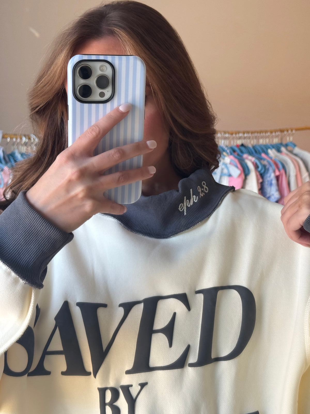 Saved By Grace Puff Print Mockneck