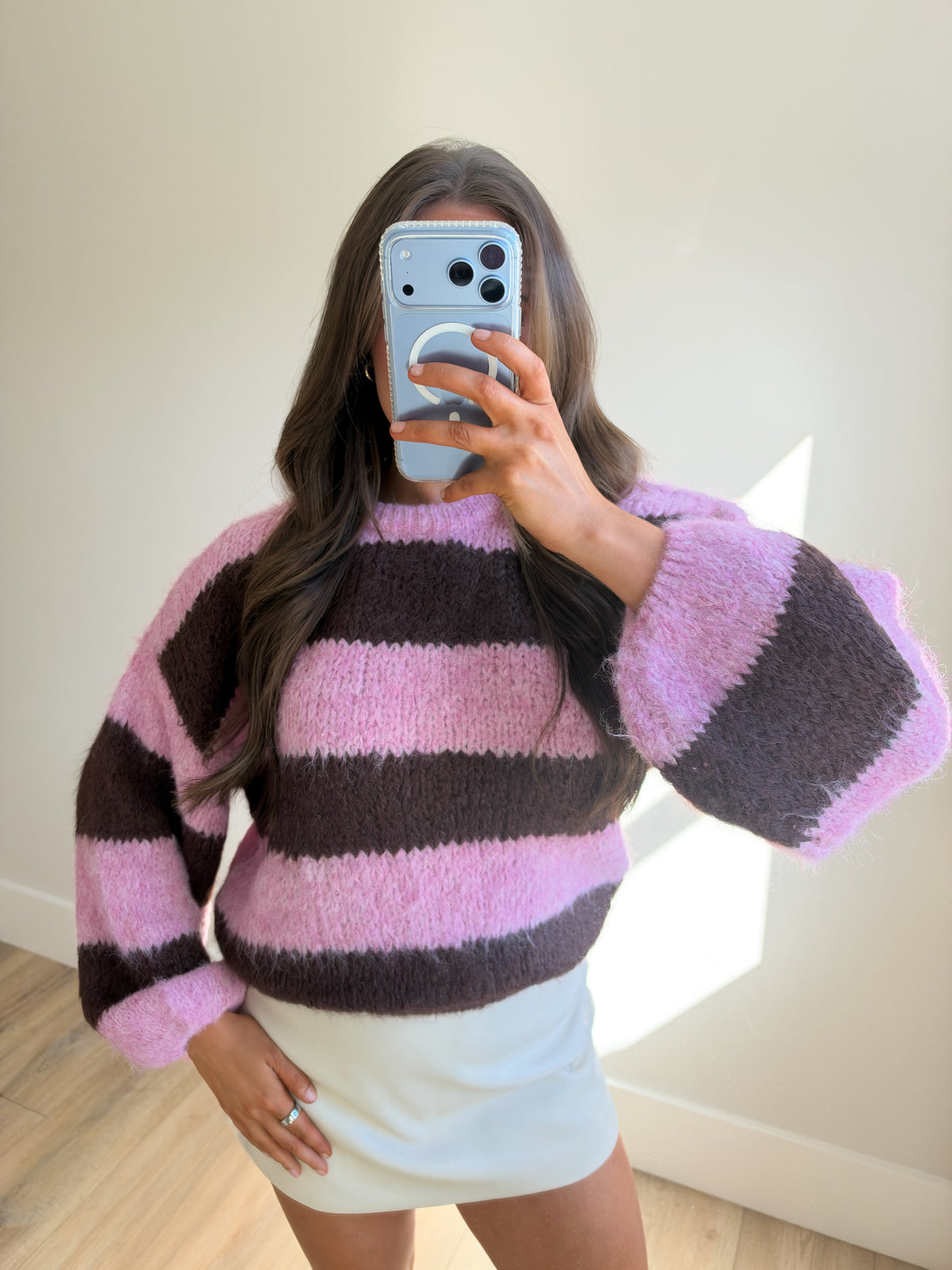 Puff Sleeve Wide Stripe Sweater - Pink/Brown