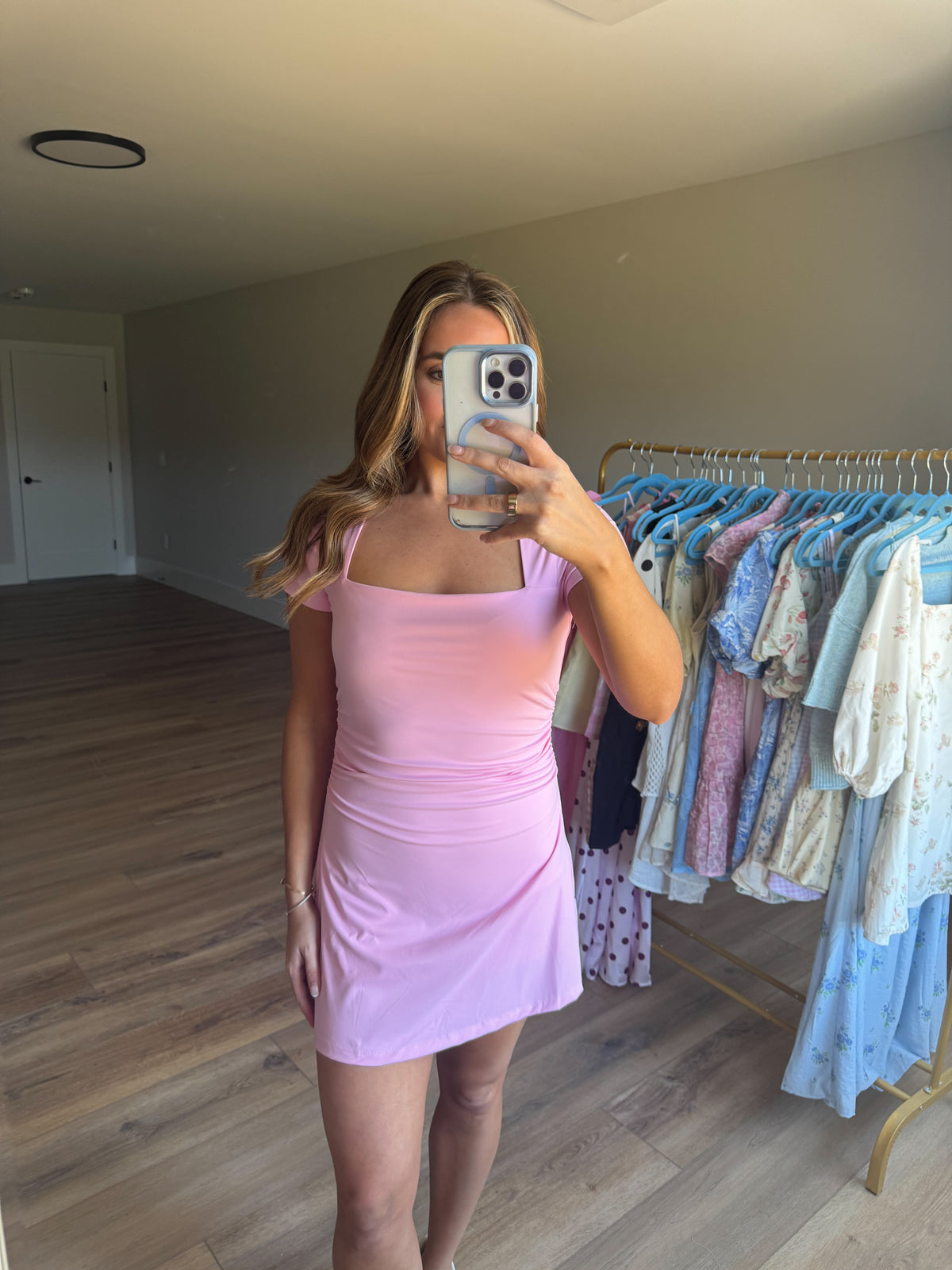 Pink Square Neckline Athleisure Dress