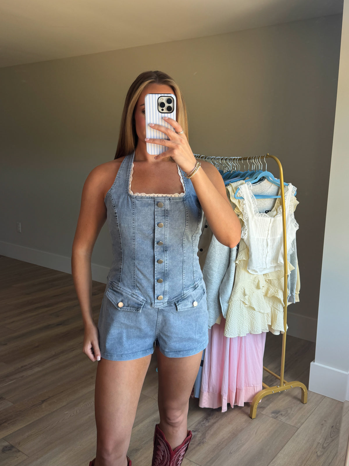 Lace Detail Denim Romper