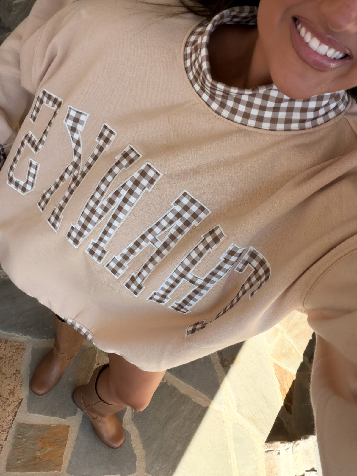 Vintage 'Thanks' Gingham Patch Mockneck Pullover