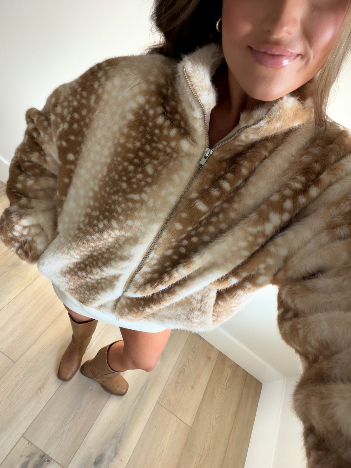 Faux Fur Deer Print Zip Jacket