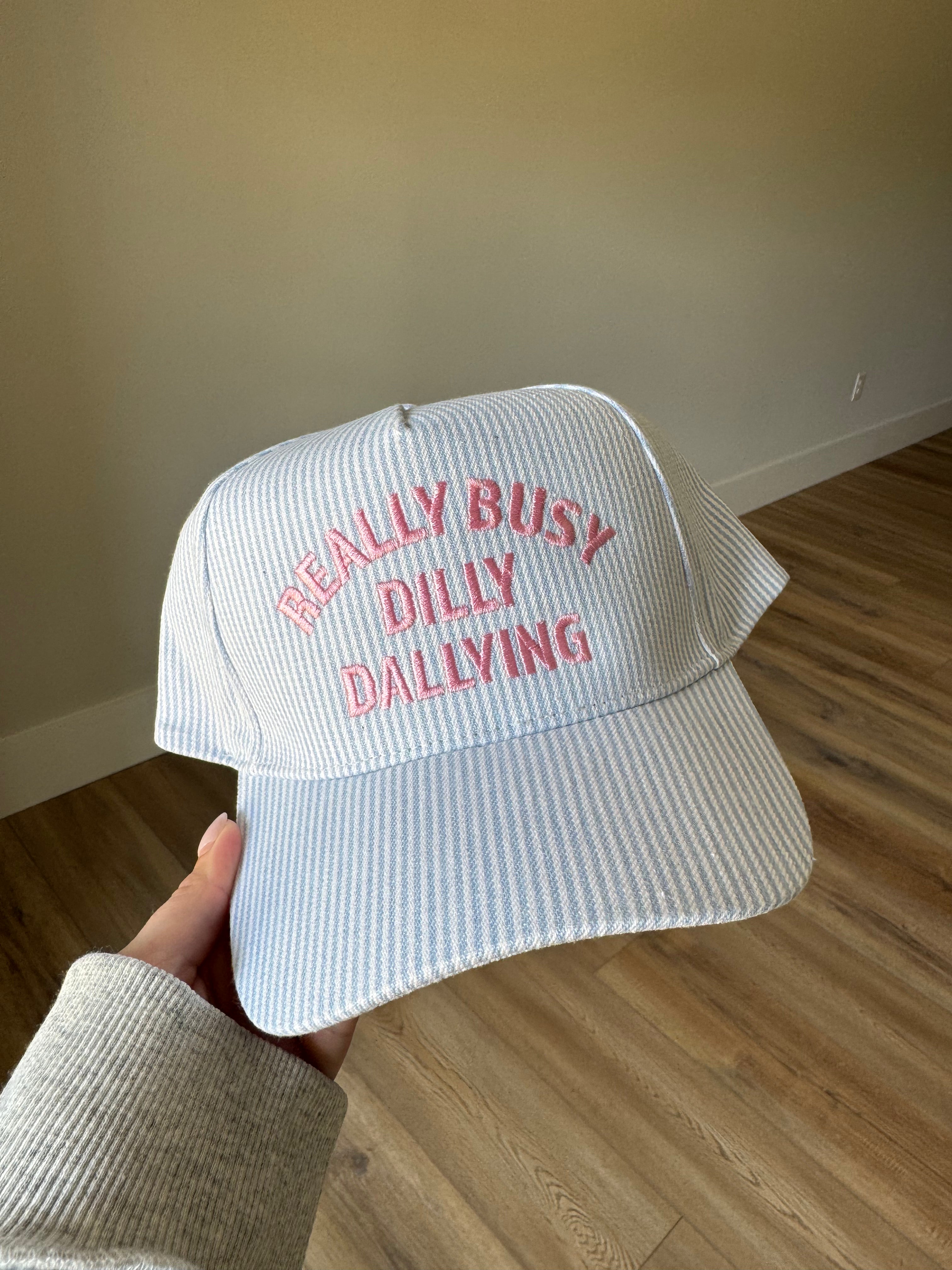 'Really Busy Dilly Dallying' Embroidered Seersucker Stripe Hat - Blue