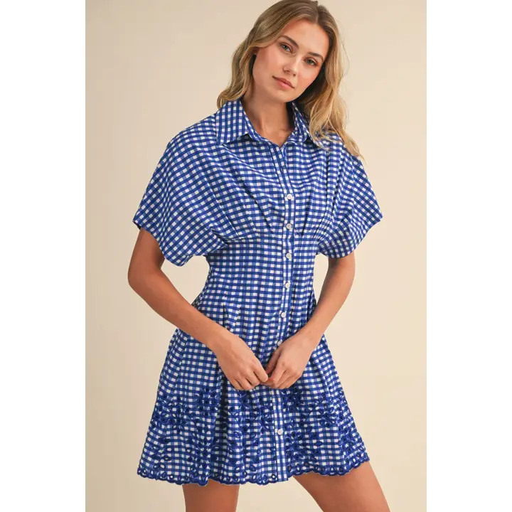 Gingham Scalloped Embroidered Button Down Shirt